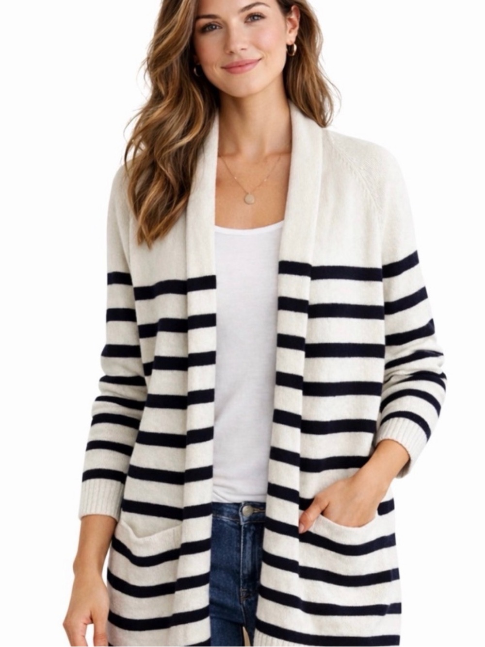 Talbots Blue and White Striped Open-Front Cardigan S